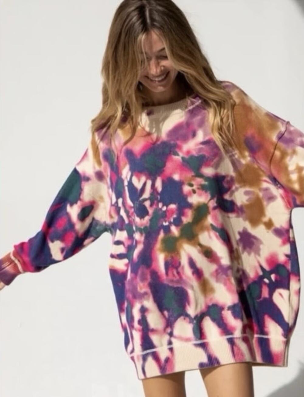 Natural Life Taylor Oversized Cotton Tie Dye Multicolor Boho Sweater Dress XL